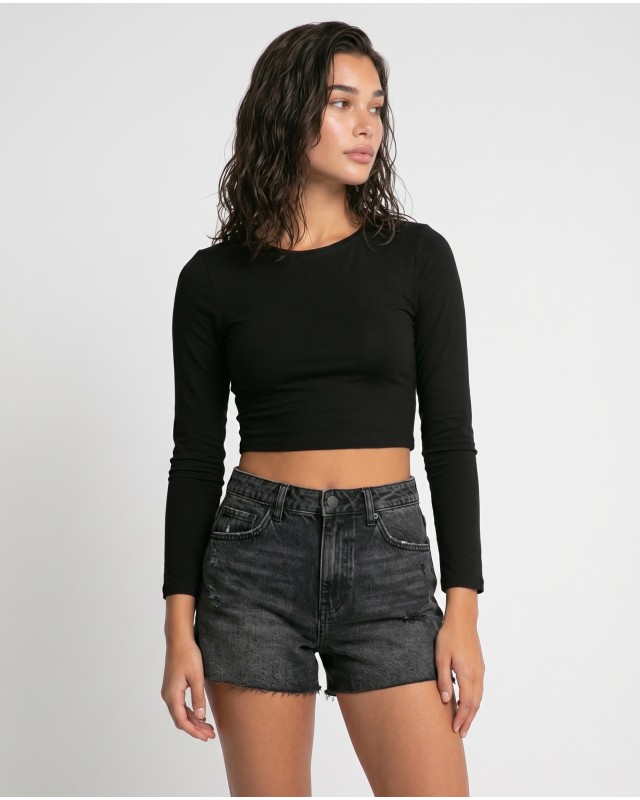 Μπλούζα crop top μακρυμάνικη με άνοιγμα στην πλάτη μαύρο
