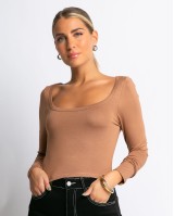 Μπλούζα crop top μακρυμάνικη με ανοιχτή λαιμόκοψη πούρο