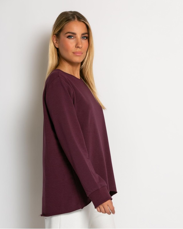 Μπλούζα φούτερ αχνούδιαστο πιο κοντή μπροστά κομμένη στο τελείωμα δαμασκηνί