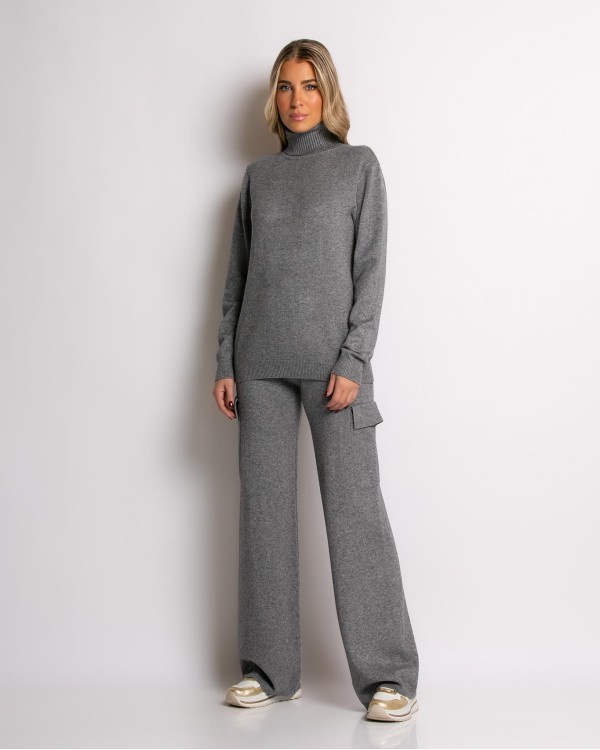 Σετ πλεκτό με μπλούζα και παντελόνι cargo χακί