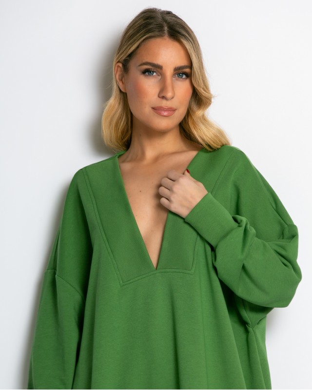 Μπλούζα φούτερ αχνούδιαστο μακρυμάνικο oversized με ανοιχτή "V" λαιμόκοψη λαδί