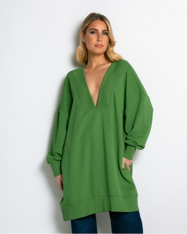 Μπλούζα φούτερ αχνούδιαστο μακρυμάνικο oversized με ανοιχτή "V" λαιμόκοψη ανθρακί