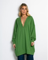 Μπλούζα φούτερ αχνούδιαστο μακρυμάνικο oversized με ανοιχτή "V" λαιμόκοψη λαδί