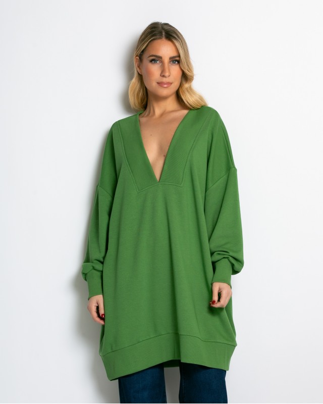 Μπλούζα φούτερ αχνούδιαστο μακρυμάνικο oversized με ανοιχτή "V" λαιμόκοψη λαδί