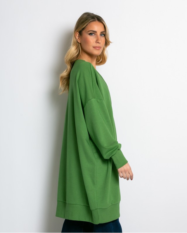 Μπλούζα φούτερ αχνούδιαστο μακρυμάνικο oversized με ανοιχτή "V" λαιμόκοψη λαδί