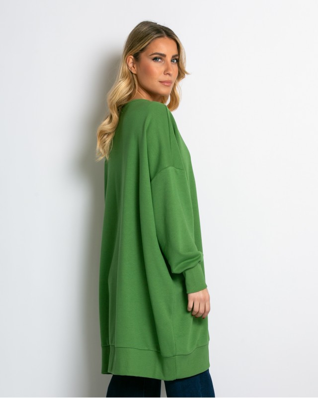 Μπλούζα φούτερ αχνούδιαστο μακρυμάνικο oversized με ανοιχτή "V" λαιμόκοψη λαδί