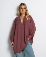 Μπλούζα φούτερ αχνούδιαστο μακρυμάνικο oversized με ανοιχτή "V" λαιμόκοψη σάπιο μήλο