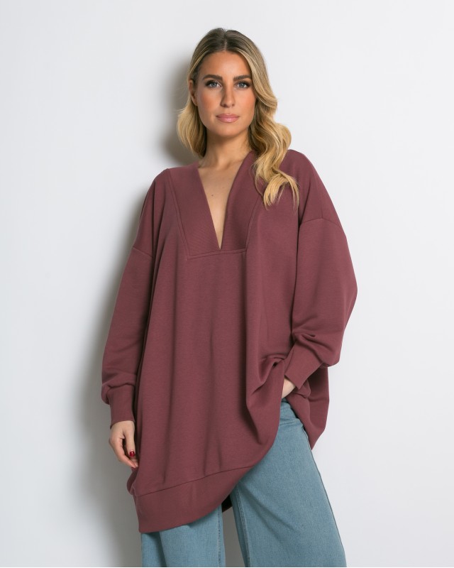 Μπλούζα φούτερ αχνούδιαστο μακρυμάνικο oversized με ανοιχτή "V" λαιμόκοψη σάπιο μήλο