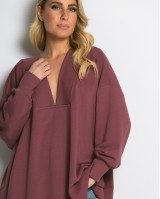 Μπλούζα φούτερ αχνούδιαστο μακρυμάνικο oversized με ανοιχτή "V" λαιμόκοψη σάπιο μήλο