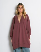 Μπλούζα φούτερ αχνούδιαστο μακρυμάνικο oversized με ανοιχτή "V" λαιμόκοψη σάπιο μήλο
