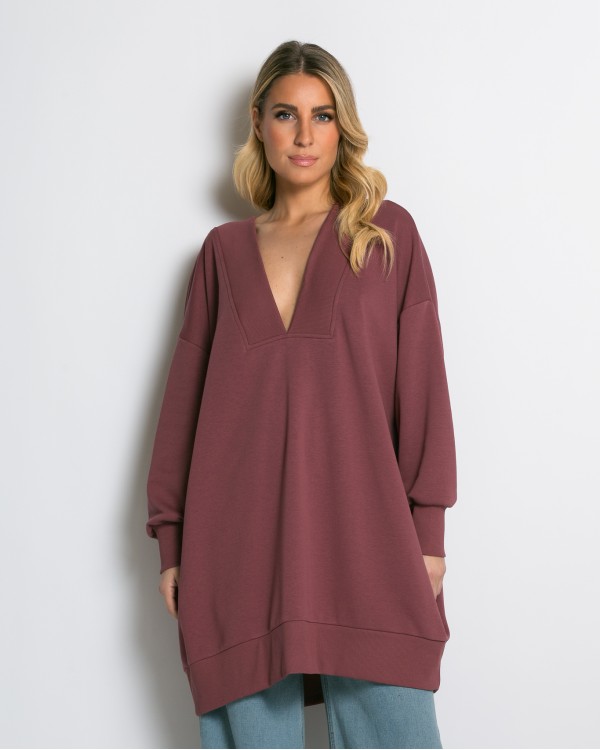 Μπλούζα φούτερ αχνούδιαστο μακρυμάνικο oversized με ανοιχτή "V" λαιμόκοψη ανθρακί