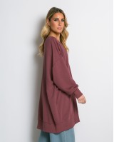 Μπλούζα φούτερ αχνούδιαστο μακρυμάνικο oversized με ανοιχτή "V" λαιμόκοψη σάπιο μήλο