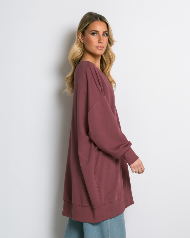 Μπλούζα φούτερ αχνούδιαστο μακρυμάνικο oversized με ανοιχτή "V" λαιμόκοψη σάπιο μήλο