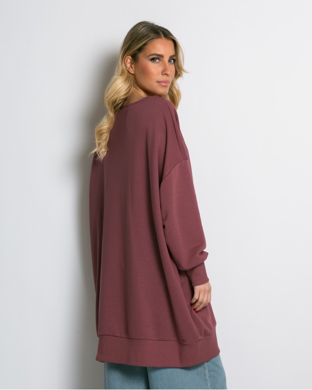 Μπλούζα φούτερ αχνούδιαστο μακρυμάνικο oversized με ανοιχτή "V" λαιμόκοψη σάπιο μήλο