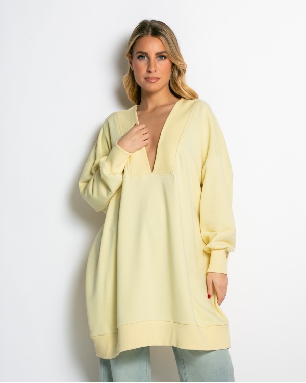 Μπλούζα φούτερ αχνούδιαστο μακρυμάνικο oversized με ανοιχτή "V" λαιμόκοψη ανθρακί