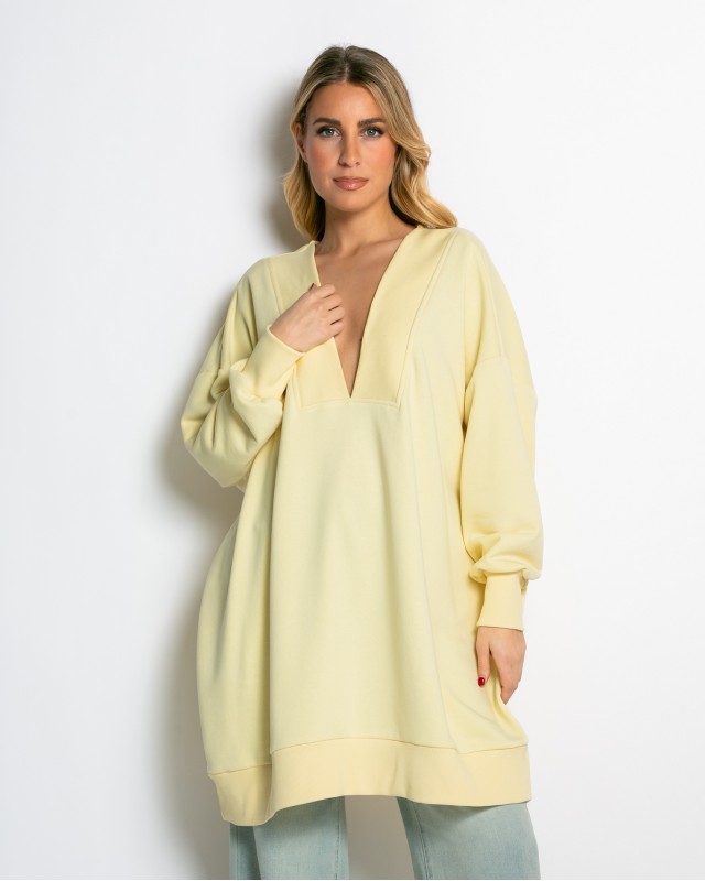Μπλούζα φούτερ αχνούδιαστο μακρυμάνικο oversized με ανοιχτή "V" λαιμόκοψη κίτρινο