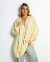 Μπλούζα φούτερ αχνούδιαστο μακρυμάνικο oversized με ανοιχτή "V" λαιμόκοψη κίτρινο