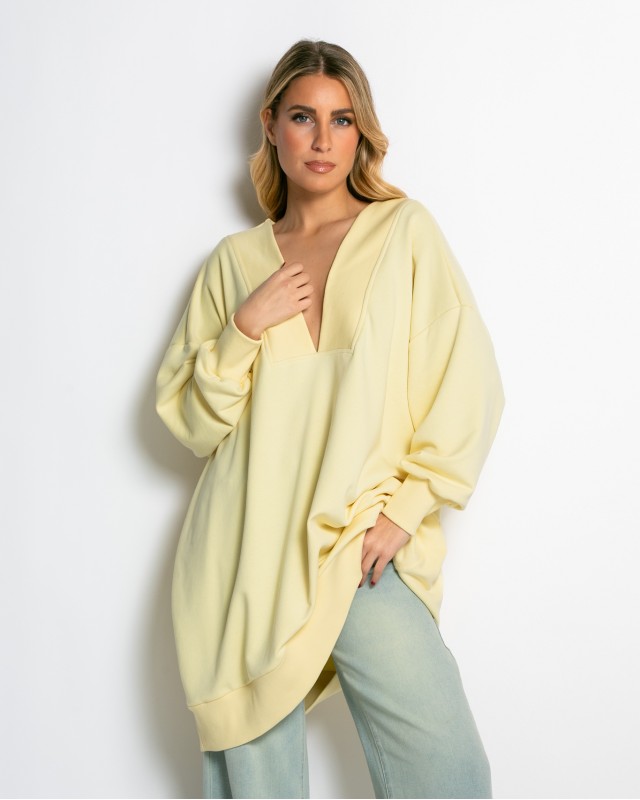 Μπλούζα φούτερ αχνούδιαστο μακρυμάνικο oversized με ανοιχτή "V" λαιμόκοψη κίτρινο