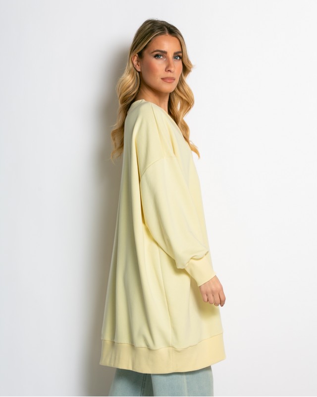 Μπλούζα φούτερ αχνούδιαστο μακρυμάνικο oversized με ανοιχτή "V" λαιμόκοψη κίτρινο