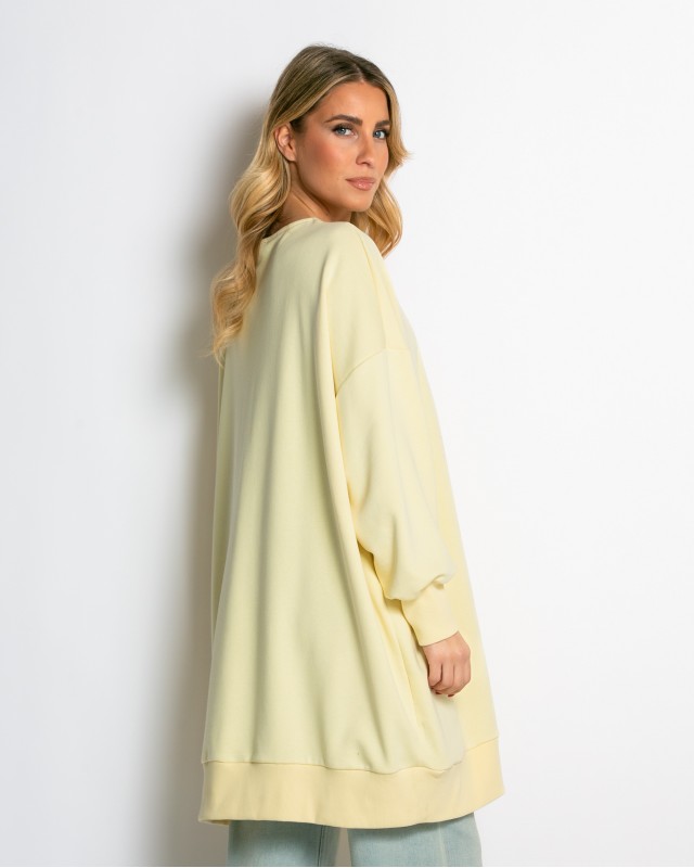 Μπλούζα φούτερ αχνούδιαστο μακρυμάνικο oversized με ανοιχτή "V" λαιμόκοψη κίτρινο