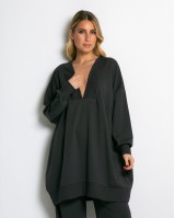 Μπλούζα φούτερ αχνούδιαστο μακρυμάνικο oversized με ανοιχτή "V" λαιμόκοψη ανθρακί
