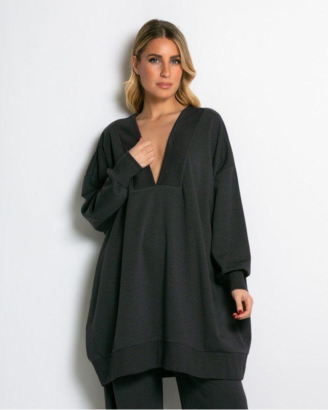 Μπλούζα φούτερ αχνούδιαστο μακρυμάνικο oversized με ανοιχτή "V" λαιμόκοψη ανθρακί