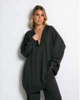 Μπλούζα φούτερ αχνούδιαστο μακρυμάνικο oversized με ανοιχτή "V" λαιμόκοψη ανθρακί