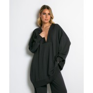 Μπλούζα φούτερ αχνούδιαστο μακρυμάνικο oversized με ανοιχτή "V" λαιμόκοψη ανθρακί
