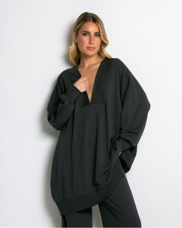 Μπλούζα φούτερ αχνούδιαστο μακρυμάνικο oversized με ανοιχτή "V" λαιμόκοψη ανθρακί