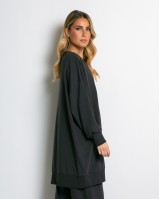 Μπλούζα φούτερ αχνούδιαστο μακρυμάνικο oversized με ανοιχτή "V" λαιμόκοψη ανθρακί