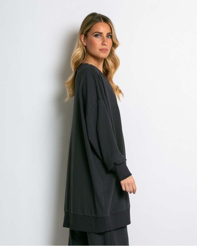 Μπλούζα φούτερ αχνούδιαστο μακρυμάνικο oversized με ανοιχτή "V" λαιμόκοψη ανθρακί