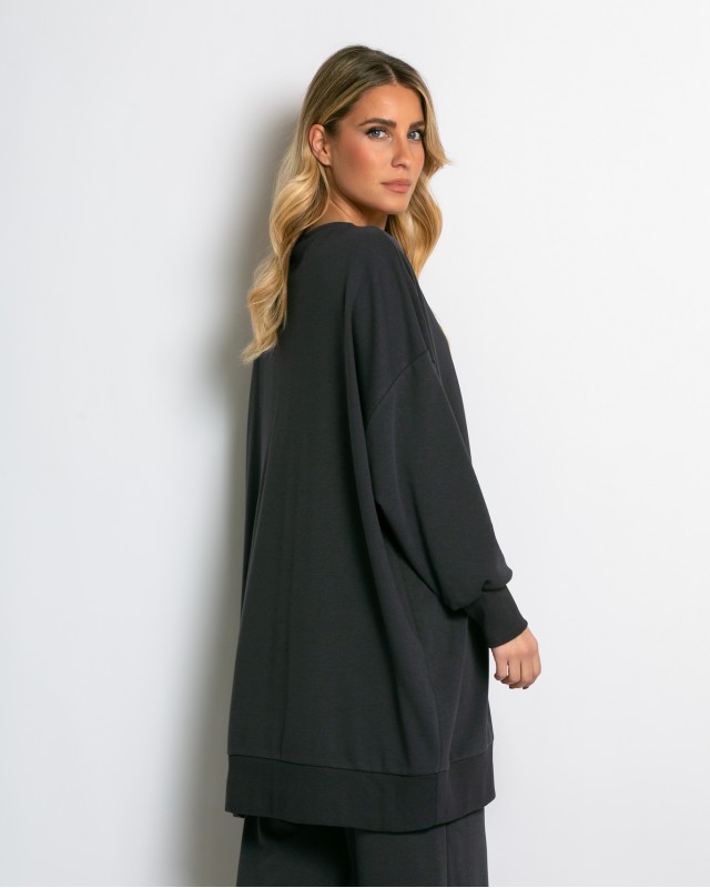 Μπλούζα φούτερ αχνούδιαστο μακρυμάνικο oversized με ανοιχτή "V" λαιμόκοψη ανθρακί