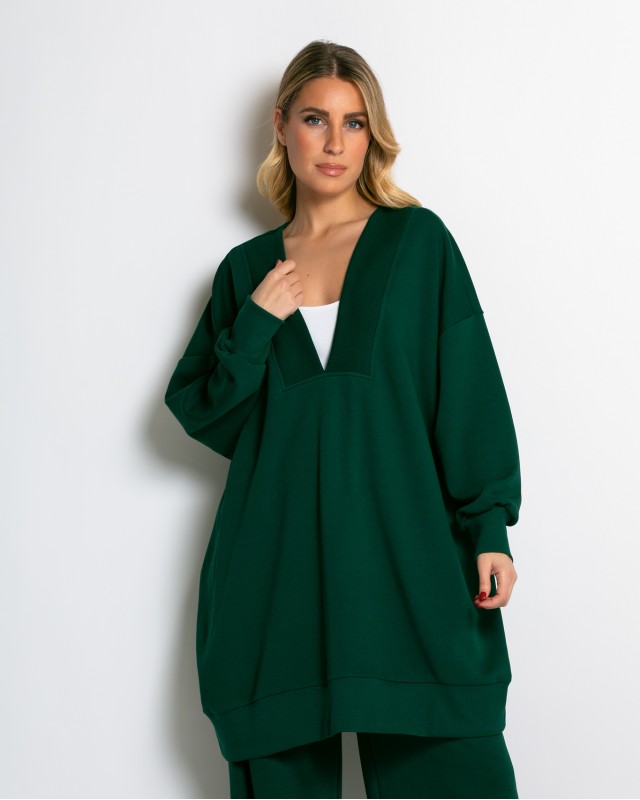 Μπλούζα φούτερ αχνούδιαστο μακρυμάνικο oversized με ανοιχτή "V" λαιμόκοψη κυπαρισσί