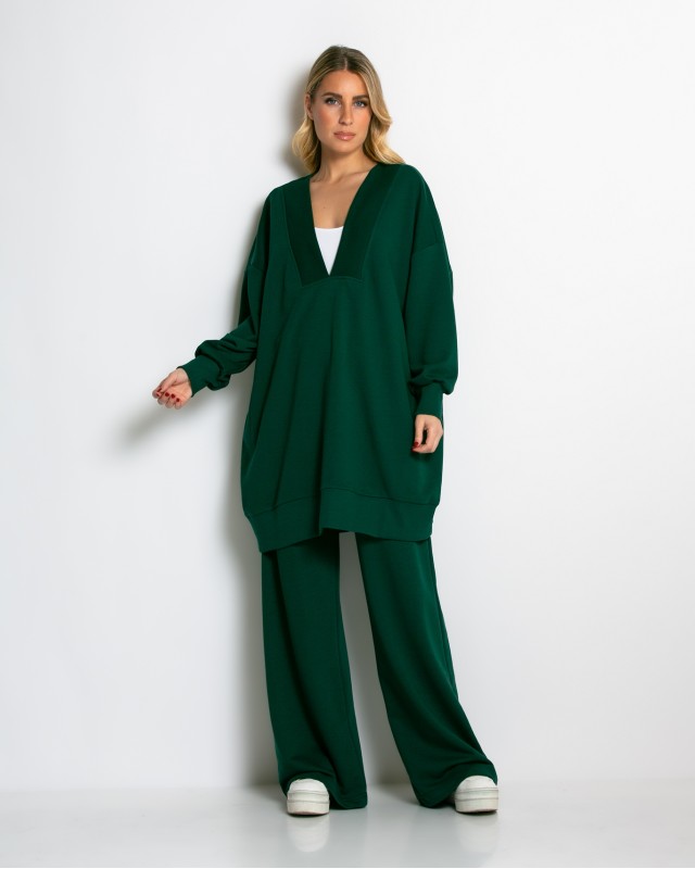 Μπλούζα φούτερ αχνούδιαστο μακρυμάνικο oversized με ανοιχτή "V" λαιμόκοψη κυπαρισσί