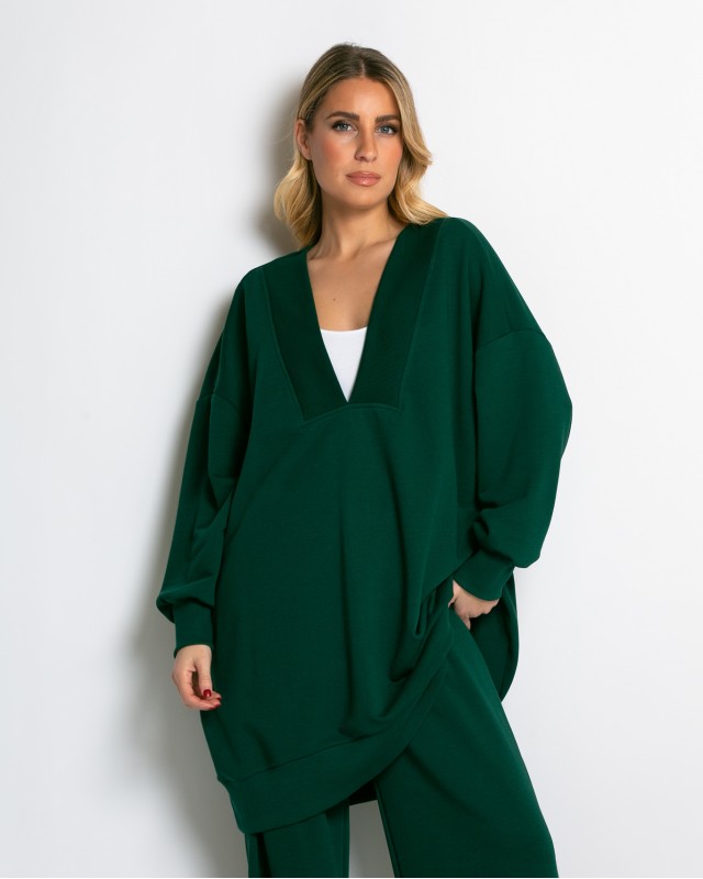 Μπλούζα φούτερ αχνούδιαστο μακρυμάνικο oversized με ανοιχτή "V" λαιμόκοψη κυπαρισσί
