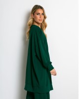 Μπλούζα φούτερ αχνούδιαστο μακρυμάνικο oversized με ανοιχτή "V" λαιμόκοψη κυπαρισσί