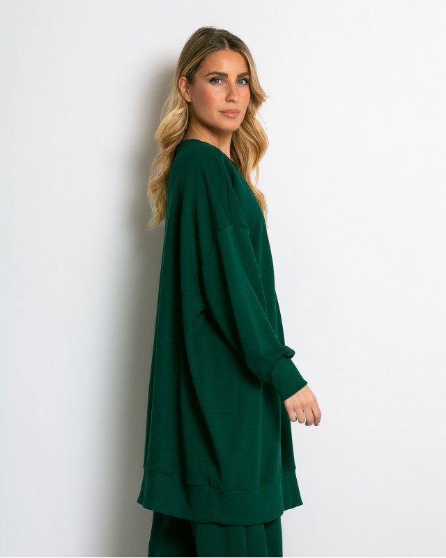 Μπλούζα φούτερ αχνούδιαστο μακρυμάνικο oversized με ανοιχτή "V" λαιμόκοψη κυπαρισσί