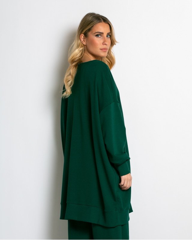 Μπλούζα φούτερ αχνούδιαστο μακρυμάνικο oversized με ανοιχτή "V" λαιμόκοψη κυπαρισσί