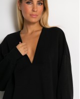 Μπλούζα φούτερ αχνούδιαστο μακρυμάνικο oversized με ανοιχτή "V" λαιμόκοψη μαύρο