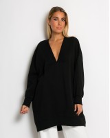 Μπλούζα φούτερ αχνούδιαστο μακρυμάνικο oversized με ανοιχτή "V" λαιμόκοψη μαύρο