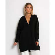 Μπλούζα φούτερ αχνούδιαστο μακρυμάνικο oversized με ανοιχτή "V" λαιμόκοψη μαύρο