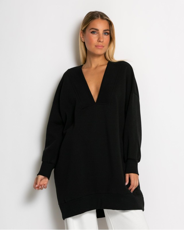 Μπλούζα φούτερ αχνούδιαστο μακρυμάνικο oversized με ανοιχτή "V" λαιμόκοψη μαύρο