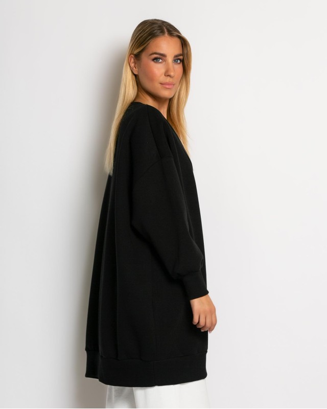 Μπλούζα φούτερ αχνούδιαστο μακρυμάνικο oversized με ανοιχτή "V" λαιμόκοψη μαύρο