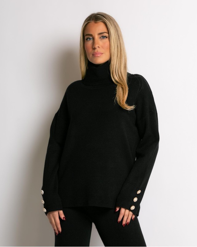 Σετ πλεκτό μπλούζα με σχέδιο στο μανίκι και παντελόνι μαύρο