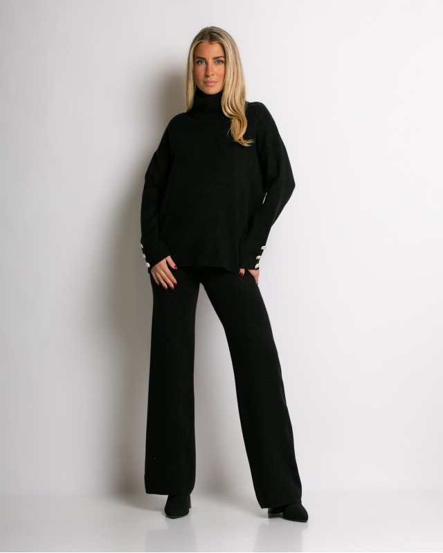 Σετ πλεκτό μπλούζα με σχέδιο στο μανίκι και παντελόνι μαύρο