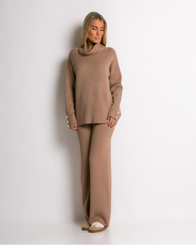 Σετ πλεκτό μπλούζα με σχέδιο στο μανίκι και παντελόνι ταμπά