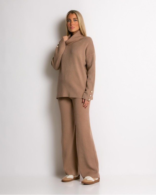 Σετ πλεκτό μπλούζα με σχέδιο στο μανίκι και παντελόνι ταμπά