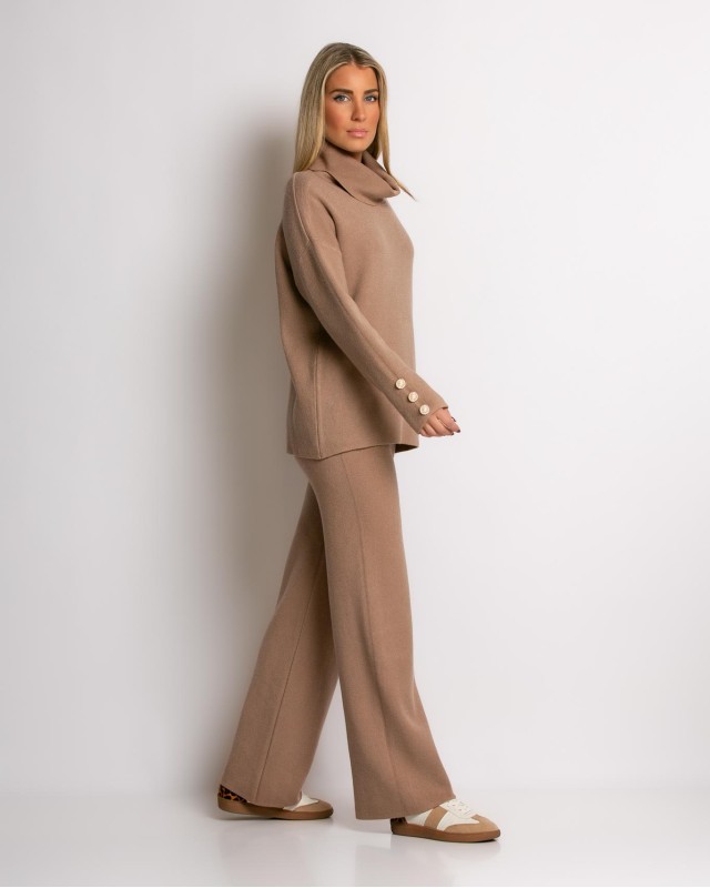 Σετ πλεκτό μπλούζα με σχέδιο στο μανίκι και παντελόνι ταμπά