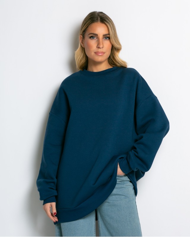 Μπλούζα φούτερ χνούδι oversized με κλειστή λαιμόκοψη ίντιγκο