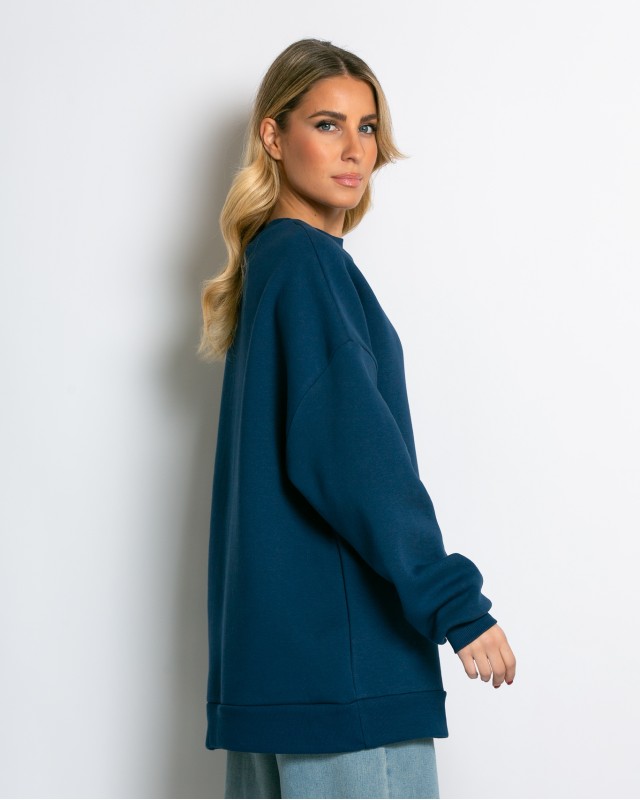 Μπλούζα φούτερ χνούδι oversized με κλειστή λαιμόκοψη ίντιγκο
